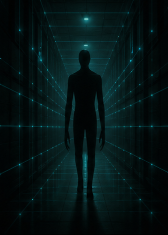 Original editorial reference art of a stalking silhouette in a blue lidar-lit corridor