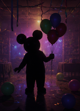 Original editorial reference art of a balloon-carrying silhouette in an eerie party room