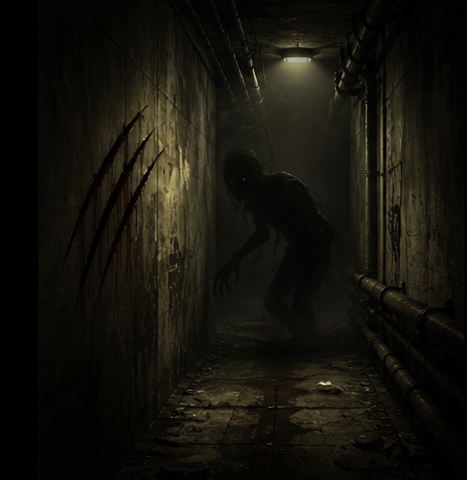 Original editorial reference art of a claw-marked silhouette in a narrow maintenance tunnel