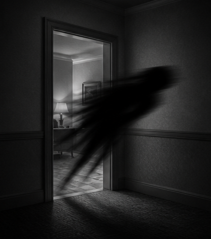 Original editorial reference art of a fast shadow crossing a grayscale hotel doorway